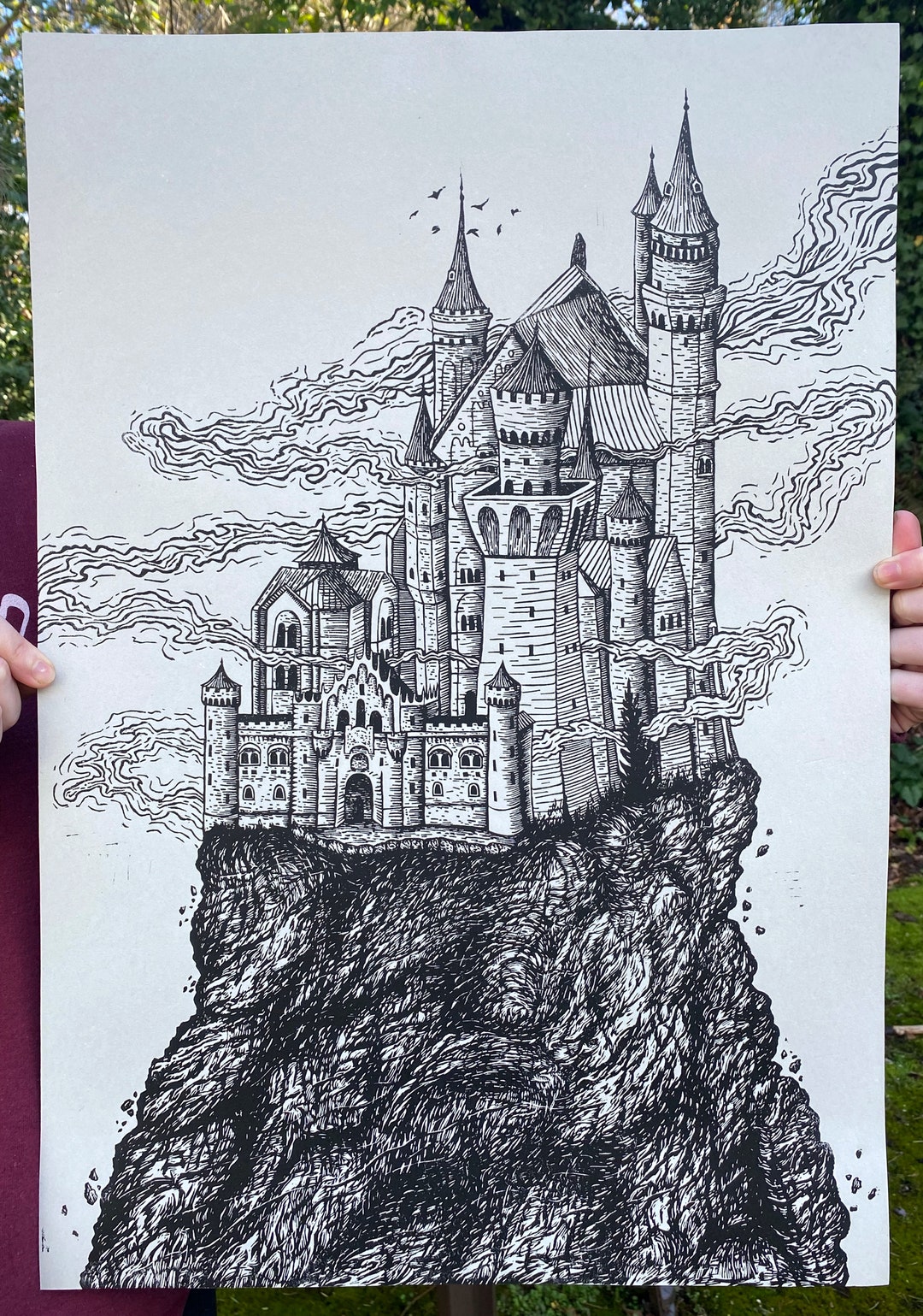 CASTLE LINOCUT PRINT, Castle Print, Spooky Castle, Linocut Print