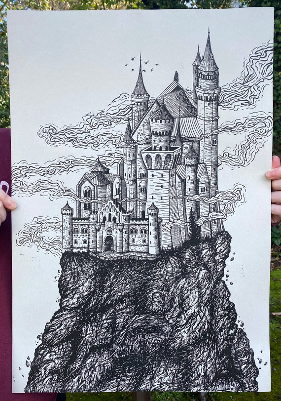 CASTLE LINOCUT PRINT, Castle Print, Spooky Castle, Linocut print, Art Print, Dracula's Castle, Fine art print, printmaking, relief print