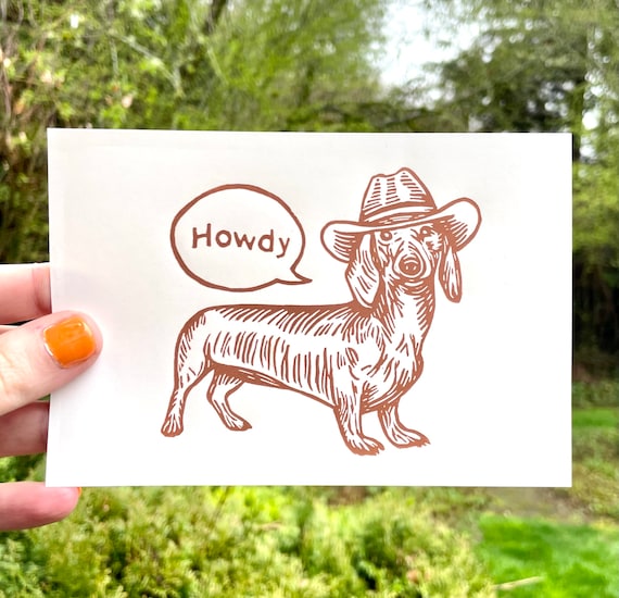 COWBOY DACHSHUND PRINT, Cowboy print, dachsund print, dachsund art, dog art, dog print, cowboy art, weiner dog, howdy, cowboy dog, linocut