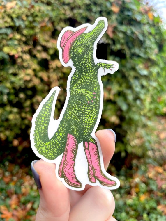 COWBOY ALLIGATOR STICKER, cowboy alligator, cowgirl, cowboy, alligator, cute, silly, pink pony club, linocut, vinyl sticker, stickers