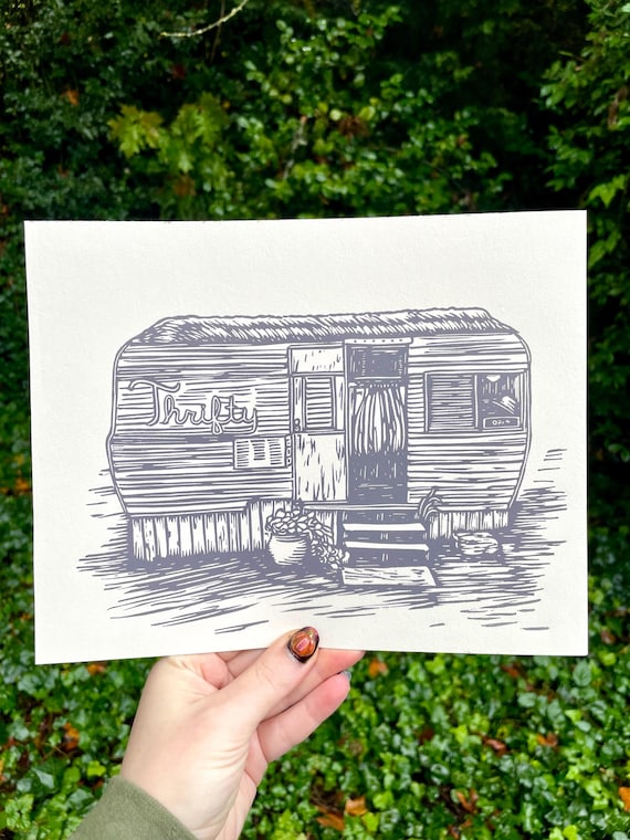 THRIFTY LINOCUT PRINT, vintage trailer, trailer, thrift, thrifty, thrifting, sou'wester, art, art print, wall art, block print, linocut, art