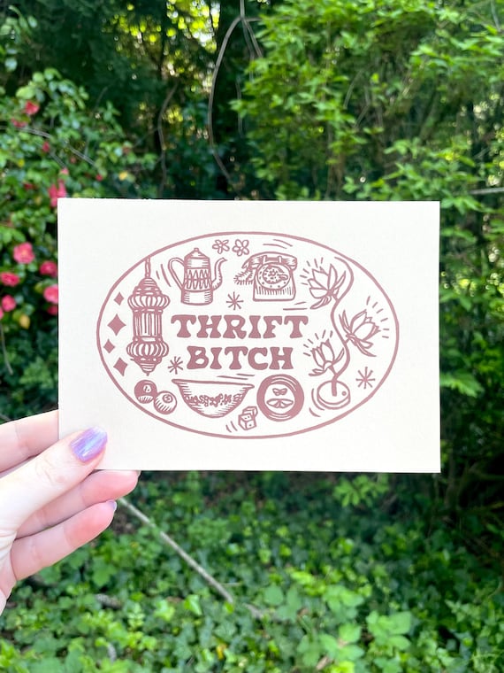 THRIFT BITCH PRINT, Thrift, linocut, thrifting, vintage, art, vintage art, thrift art, thrift print, lotus lamp, pyrex, swag lamp, decor