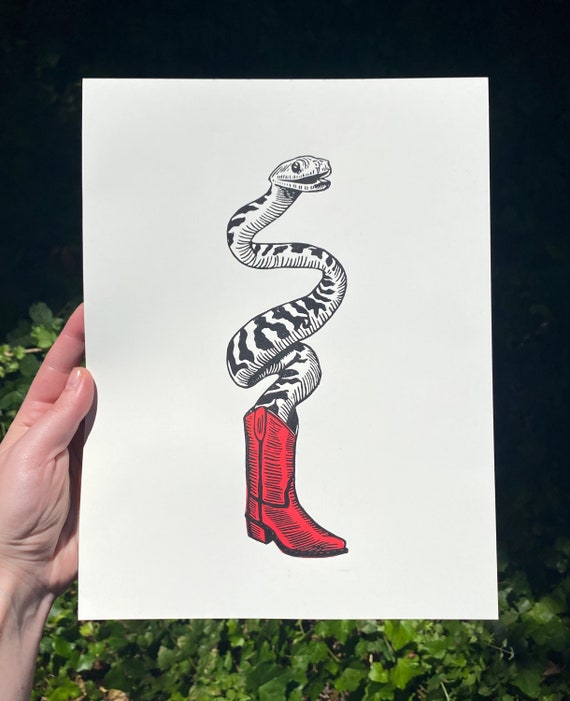 SNAKE in BOOT PRINT, linocut, print, block print, snake, snake art, snake print, western decor, cowboy, wall art, art print, cowboy boot