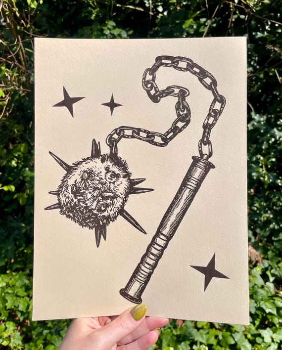 HEDGEHOG FLAIL PRINT, hedgehog, flail, medieval, weapon, linocut, block print, art, decor, fantasy