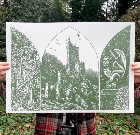 TRIPTYCH LINOCUT PRINT, art print, linocut, castle, medieval, middle ages, gargoyle, gothic, block print