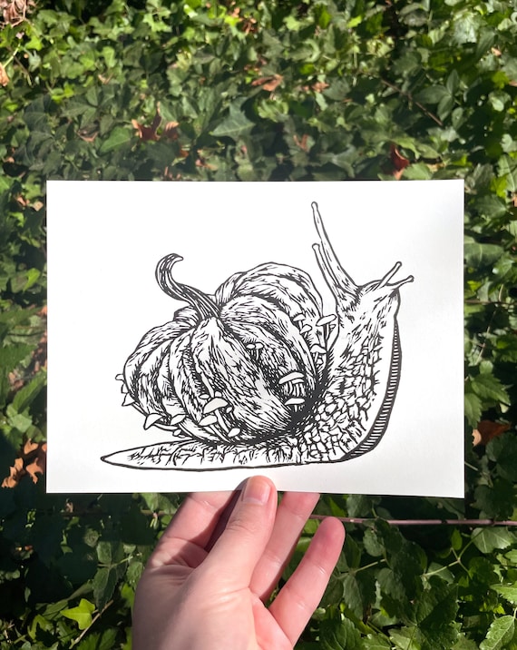 PUMPKIN SNAIL PRINT, Snail print, linocut, autumn print, fall print, cottagecore, snail art, snail decor, pumpkin print, pumpkin art, snail