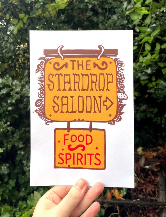 STARDROP SALOON PRINT, stardew valley print, stardew valley art, cottagecore, stardew valley, stardrop saloon print, linocut, switch game