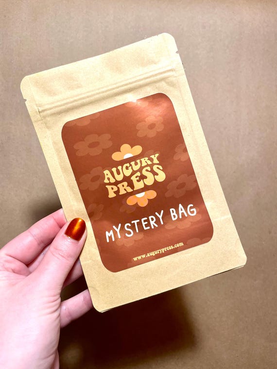 MYSTERY BAG, Augury Press, Mystery, print, sticker, gift, surprise, linocut, block print, stickers, cute, funny, silly, stocking stuffer