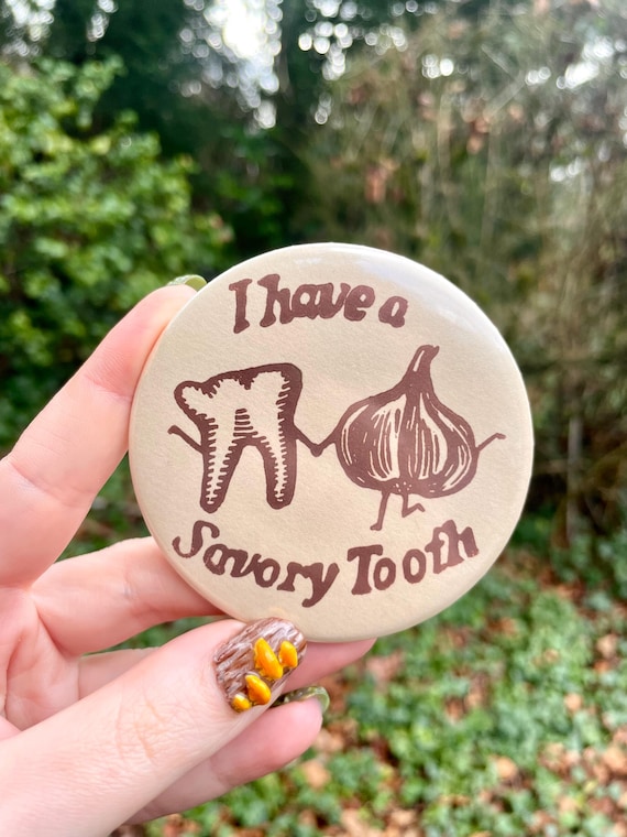 SAVORY TOOTH BUTTON, Savory Tooth, pinback button, button, savory, linocut, print
