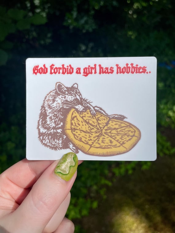 RACCOON PIZZA STICKER, raccoon, pizza, raccoon sticker, raccoon sticker, god forbid a girl has hobbies, linocut, pizza sticker, pizza art