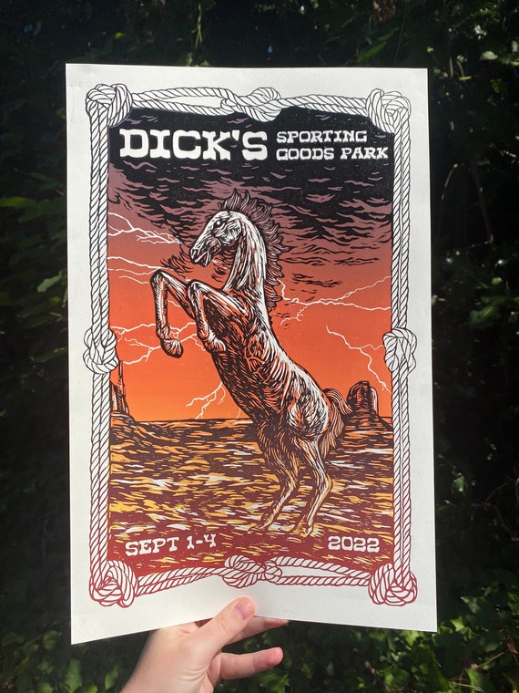 DICK'S 2022 PRINT, Phish print, phish poster, phish art, phan art, Phish Dick's, Phish Chicks, Dick's Poster, linocut, denver, blucifer