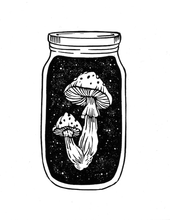 MUSHROOM JAR PRINT, Mushroom Print, Linocut, Printmaking, Fine art print, Psychedelic mushroom, mushroom art, Mushroom linocut