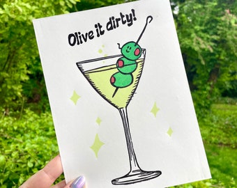 DIRTY MARTINI PRINT, Olive it dirty, Oliven, Salzlake, Martini, Martini-Druck, Martini-Kunst, Olivendruck, Olivenkunst, süßer Druck, lustig, Linolschnitt