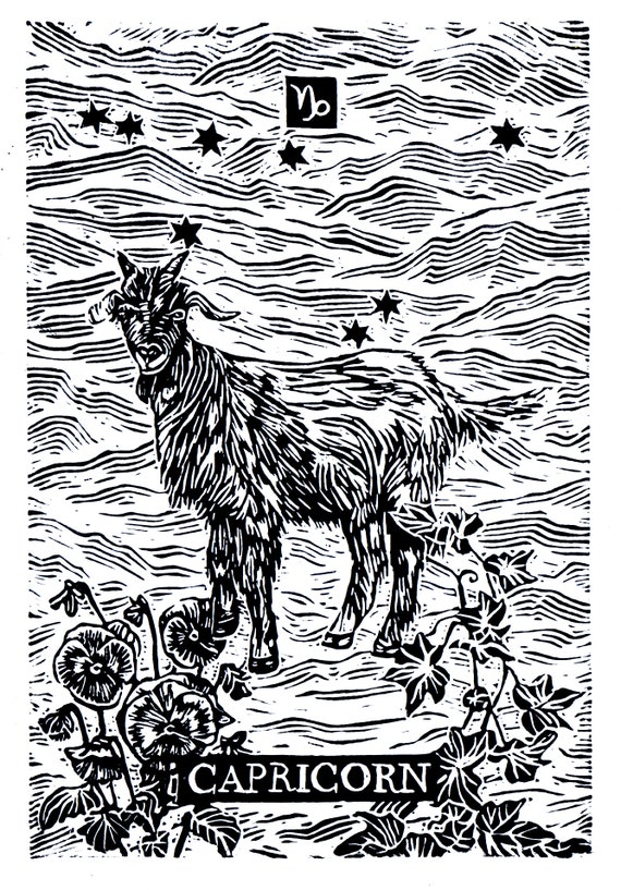 CAPRICORN, Linocut Print, Zodiac Sign, Astrology Prints, Art Print, Wall Art Print, Goat Print