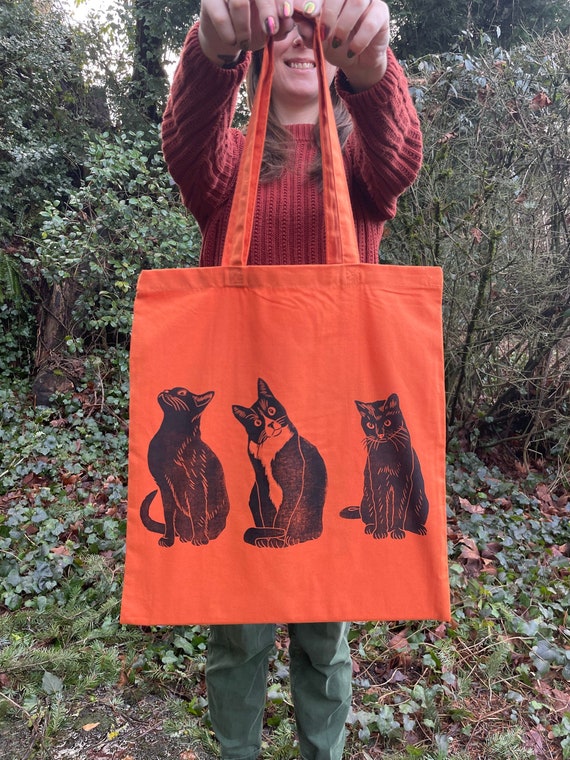 CAT TOTE BAG, Tote bag, Printed tote, Cat tote, orange, orange tote, linocut, cat print, cat art, cute tote, tuxedo bag, black cat tote