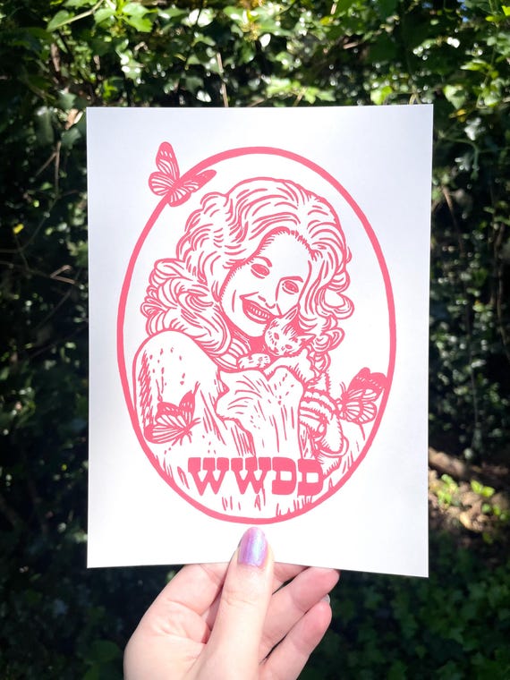 DOLLY PARTON PRINT, wwdd, what would dolly do, dolly parton, dolly parton art, dollywood, cowgirl, butterfly, country, linocut, dolly, art