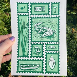 NEW ORLEANS PRINT, linocut print, new orleans, Louisiana, block print, alligator, alligator print, alligator art, new orleans art, ghost