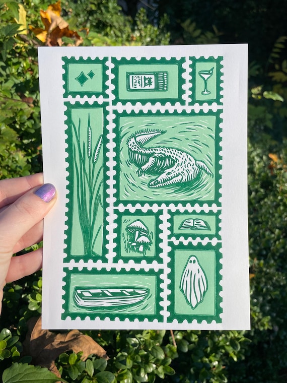 NEW ORLEANS PRINT, linocut print, new orleans, Louisiana, block print, alligator, alligator print, alligator art, new orleans art, ghost