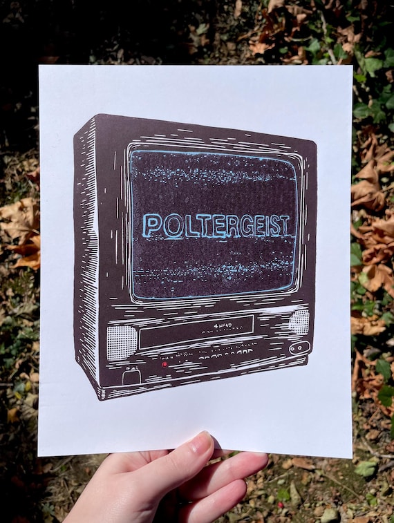 POLTERGEIST TV PRINT, crt tv, tv, linocut, Poltergeist, horror. movie, vhs