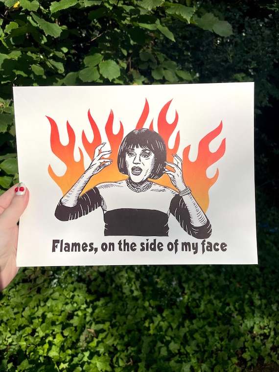 MRS. WHITE PRINT, Clue, Madeline Kahn, Flames on the side of my face, linocut, Clue Movie, Tim Curry, Art Print, Block print, Mrs. White