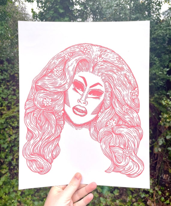 TRIXIE MATTEL PRINT, Trixie Mattel art, Trixie print, Dolly Parton, Katya, Drag Queen, linocut print, drag queen print, drag queen art