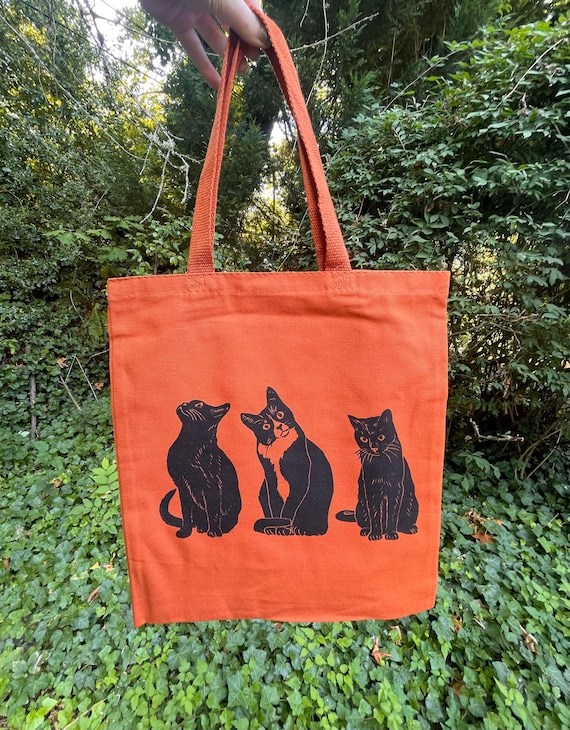 CAT TOTE BAG, Tote bag, Printed tote, Cat tote, orange, orange tote, linocut, cat print, cat art, cute tote, tuxedo bag, black cat tote