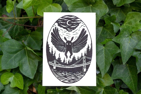 MOTHMAN LINOCUT PRINT, Mothman print, Point Pleasant, Mothman art, Cryptid, Merch, Accessories, Cryptozoology