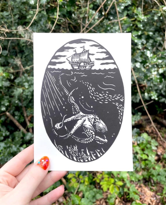 KRAKEN LINOCUT PRINT, Kraken print, Kraken art, Cryptid, Merch, Kraken, Cryptozoology, linocut, wall art, cryptid art, cryptid print, Art