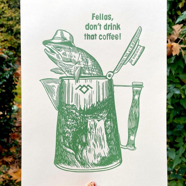 Impresión de pescado en cafetera, Twin Peaks, arte de Twin Peaks, impresión de Twin Peaks, linograbado, arte, David Lynch, pescado en la cafetera