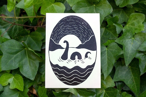 NESSIE LINOCUT PRINT, Loch Ness print, Loch Ness, Loch Ness Monster, Loch Ness Print, Cryptid, Merch, Accessories, Cryptozoology