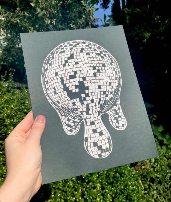 MELTING DISCO BALL print, Disco ball print, disco ball art, disco, linocut, linocut print, groovy, block print, disco art, disco print