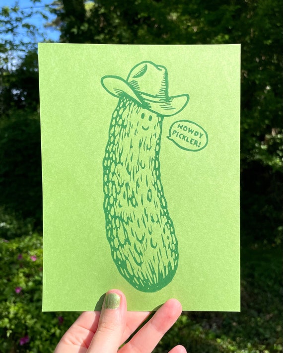 HOWDY PICKLER PRINT, Pickle print, pickle art, pickler, pickled, pickle art, pickle lover, cute pickle, pickle cowboy, linocut, block print