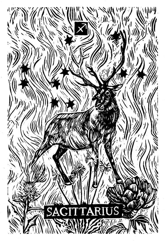 SAGITTARIUS, Linocut Print, Zodiac Sign, Astrology Prints, Art Print, Wall Art Print, Deer Print