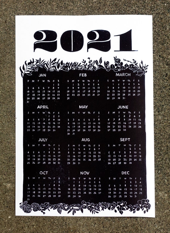 2021 CALENDAR PRINT, 2021 linocut, linocut print, Calendar linocut, 2021 print