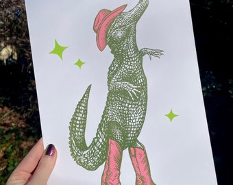COWBOY ALLIGATOR PRINT, Alligator print, Alligator art, cowboy print, cowboy art, cowgirl, linocut, Alligator, crocodile, reptile, pink