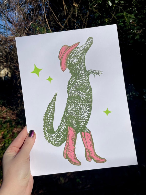 COWBOY ALLIGATOR PRINT, Alligator print, Alligator art, cowboy print, cowboy art, cowgirl, linocut, Alligator, crocodile, reptile, pink