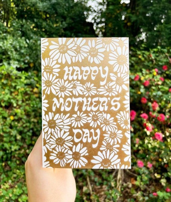 MOTHER'S DAY CARD, Mother's Day, Daisy, Daisies, Gold, Golden, Block print, linocut, card, greeting card, flowers, floral, bouquet