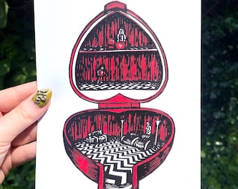 BLACK LODGE PRINT, Polly Pocket, Rode Kamer, Twin Peaks, David Lynch, Laura Palmer, Twin Peaks Art, linosnede, blokdruk, decoratie, muurkunst