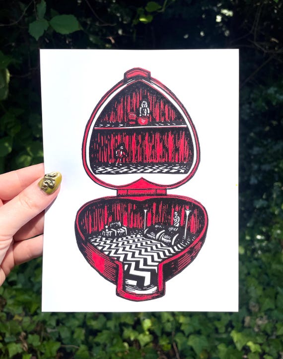 BLACK LODGE PRINT, Polly Pocket, Red Room, Twin Peaks, David Lynch, Laura Palmer, Twin Peaks Art, linocut, block print, decor, wall art