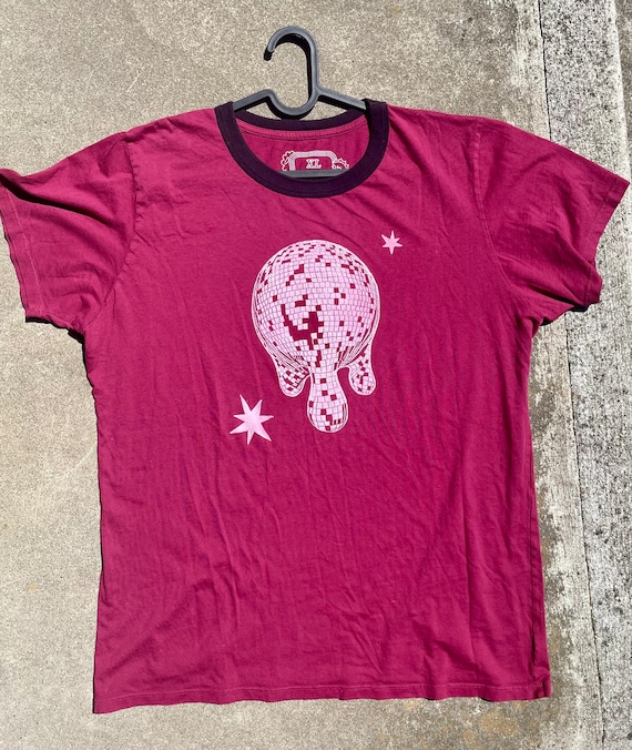 DISCO BALL SHIRT, Big Bud Press, Melting disco ball, disco, disco shirt, ringer, ringer shirt, ringer t-shirt, linocut, block print, funky