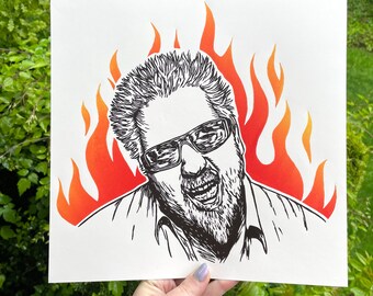 GUY FIERI PRINT, Guy Fieri, Diners Drive ins and Dives, Flavortown, Guy Fieri Art, Funny art, Funny Print, linocut, Shama lama ding dong