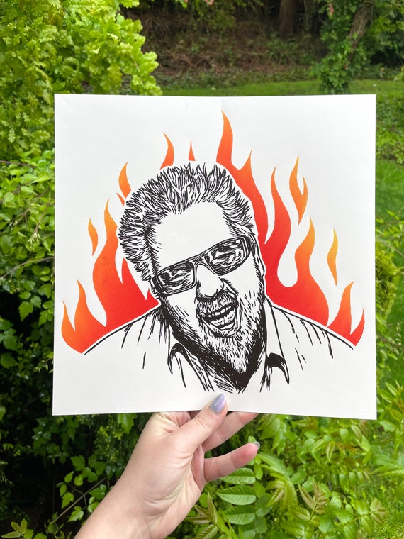 GUY FIERI PRINT, Guy Fieri, Diners Drive ins and Dives, Flavortown, Guy Fieri Art, Funny art, Funny Print, linocut, Shama lama ding dong