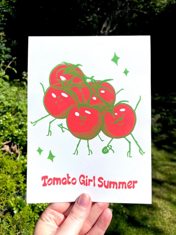 TOMATO GIRL SUMMER print, Tomato Girl Summer, Tomato print, Tomato art, Tomato decor, art print, linocut, wall art, Tomato girl, tomatoes