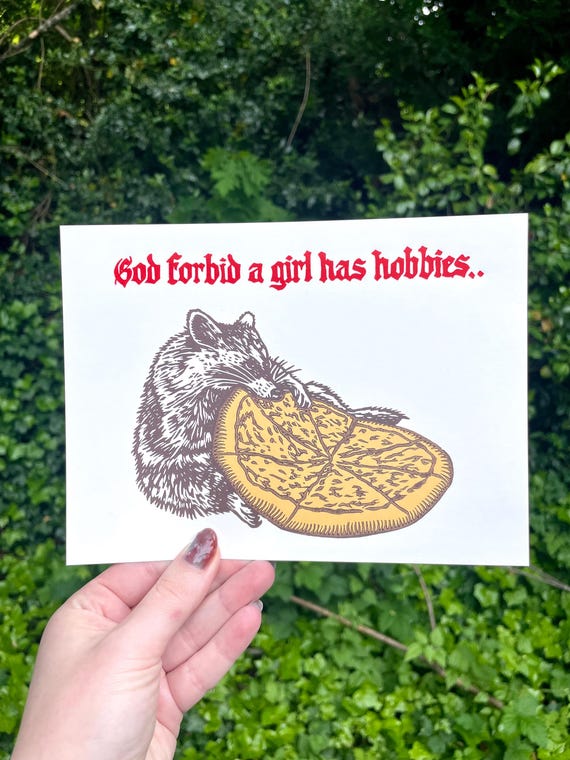 RACCOON PIZZA PRINT, raccoon, pizza, hobby, hobbies, racoon art, racoon print, pizza art, pizza print, god forbid a girl has hobbies, art