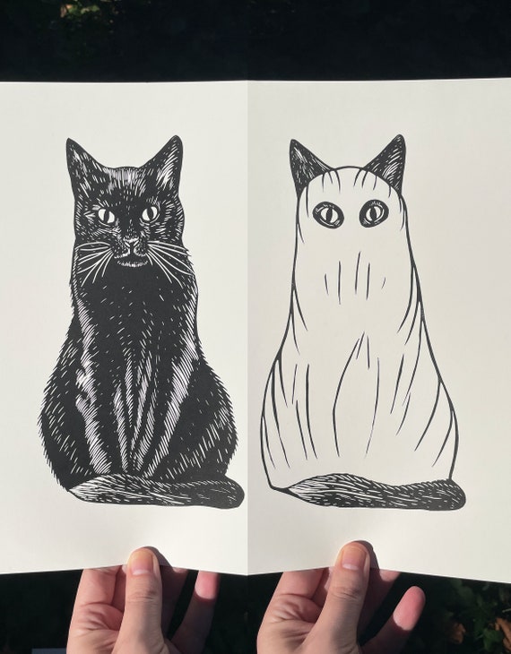 SPOOKY CAT PRINT, Cat print, cat art, cat decor, halloween, spooky season, cottagecore, black cat, black cat print, ghost cat, ghost