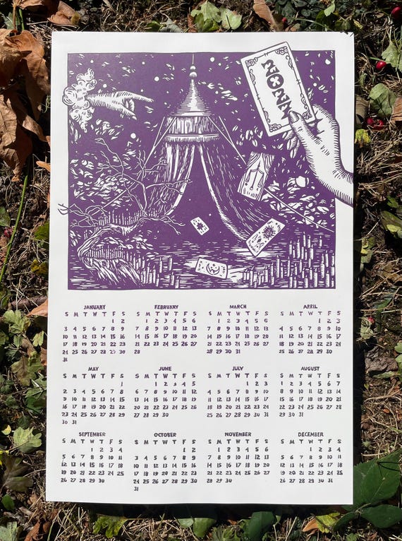 PREORDER, 2027 CALENDAR LINOCUT, calendar, block print, 2027, year-view calendar, spooky, tarot