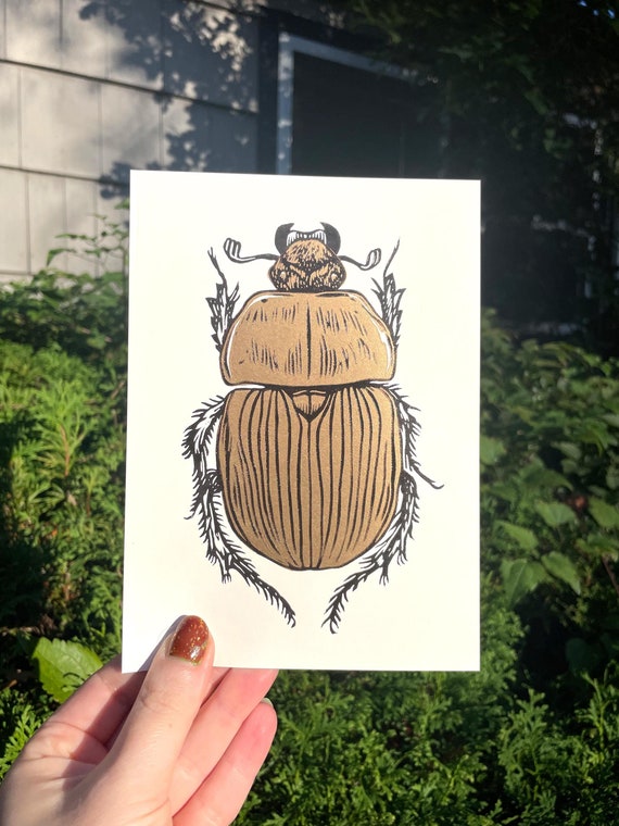 GOLD BEETLE PRINT, Gold Scarab, Scarab, Scarab print, Beetle print, linocut, block print, insect, beetle art, scarab art, golden, metallic