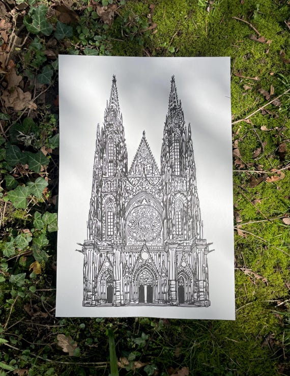 GOTHIC CATHEDRAL PRINT, Cathedral, gothic, linocut, print, St. Vitus, Prague, wall art, art print, gothic cathedral, architecture, catholic
