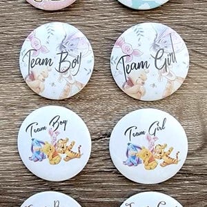 Classic Winnie the Pooh Team Boy and Team Girl Buttons for Baby Gender Reveal