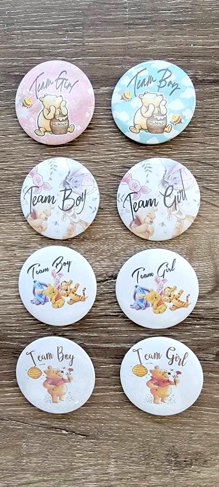 Classic Winnie the Pooh Team Boy and Team Girl Buttons for Baby Gender Reveal